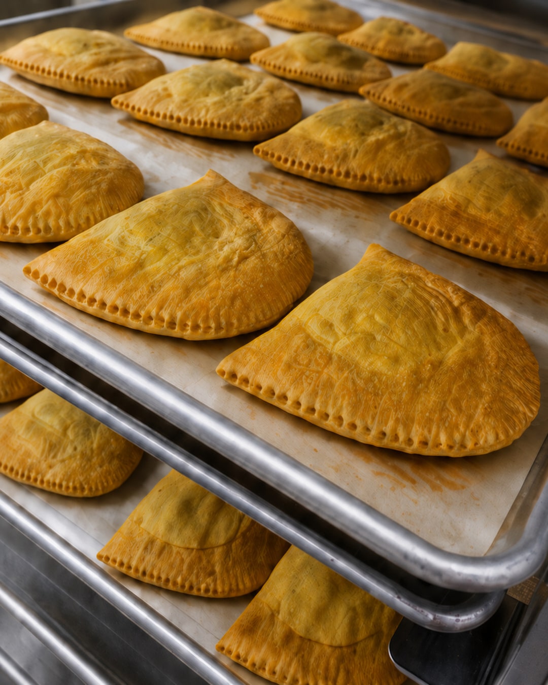 Golden Jamaican patties resting on a metal baking rack, freshly baked at Randy's