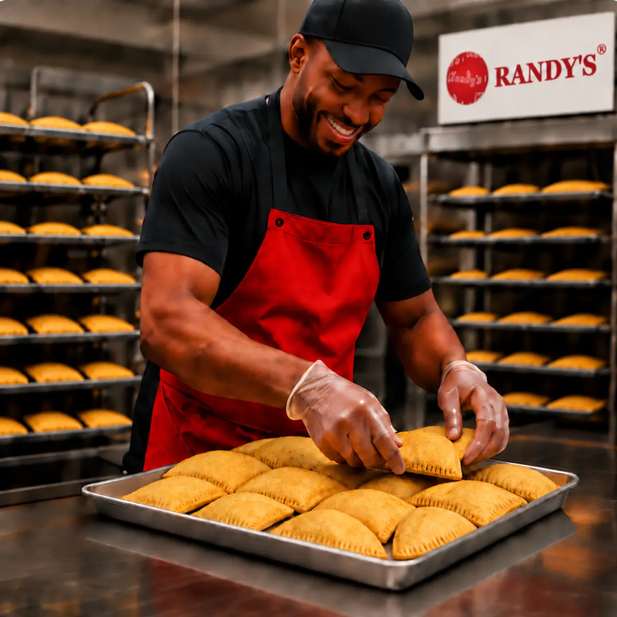 A Randy's baker placing freshly made patties onto a baking tray in the Toronto kitchen