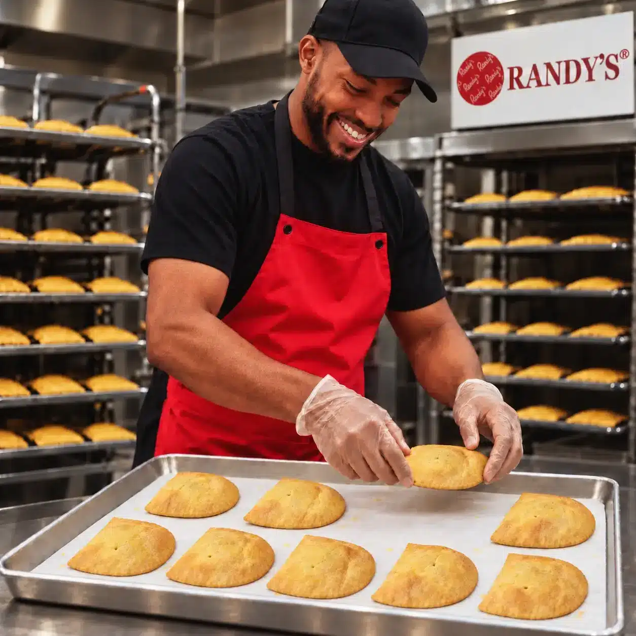 A Randy's baker placing fresh patties onto a baking tray