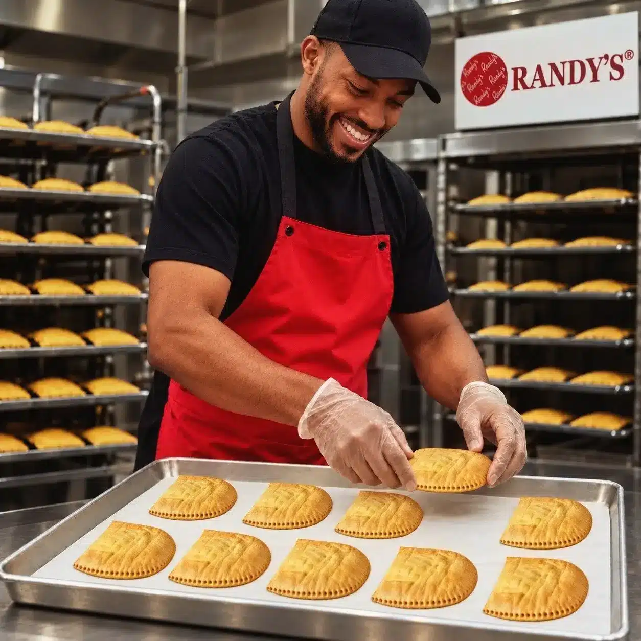 A Randy's baker placing fresh patties onto a baking tray